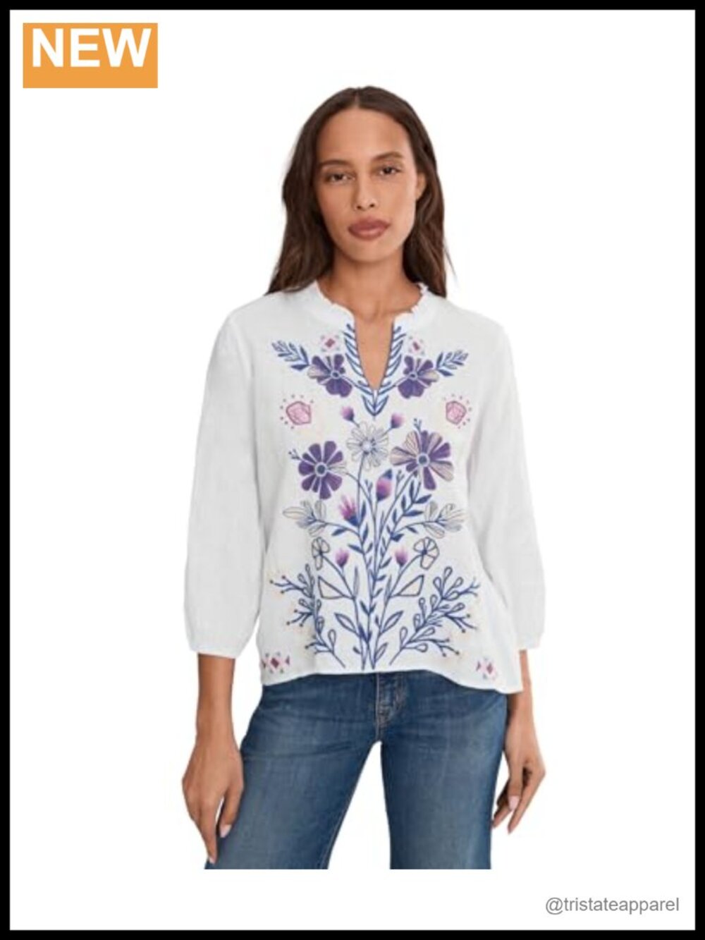 100% Linen Ruffle Blouse, Notched V-Neck, Floral